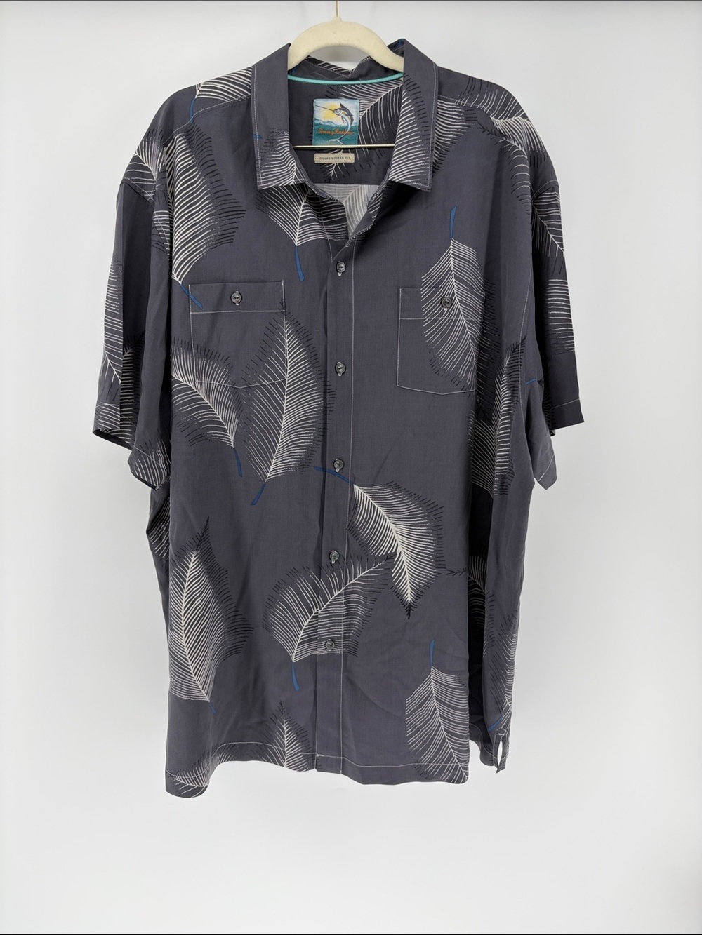 Tommy Bahama Island Modern Fit 100% Silk Gray Abstract Palm Button Shirt XXL
